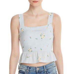 Aqua Smocked Linen Light Blue Floral Square Neck Peplum Crop Top